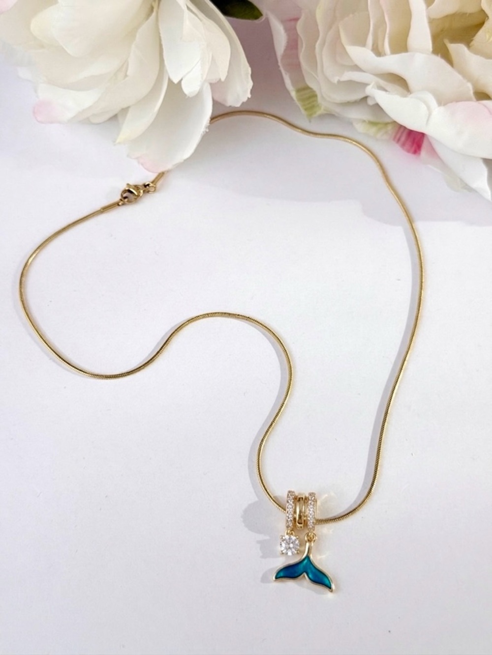 14K Gold Plated Whale Tail Necklace with Blue Enamel & Sparkling Zircon Charms - Picture 4 of 11